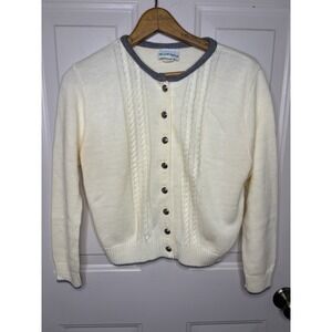 Vtg Women's M Cardigan Sweater Ivory Silver Buttons Gray Detail Short USA  Cable